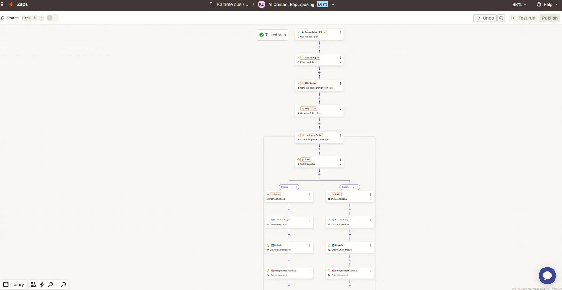 Zapier workflow using Google Drive, filters, AI, loops, paths, Facebook, LinkedIn, and Instagram.